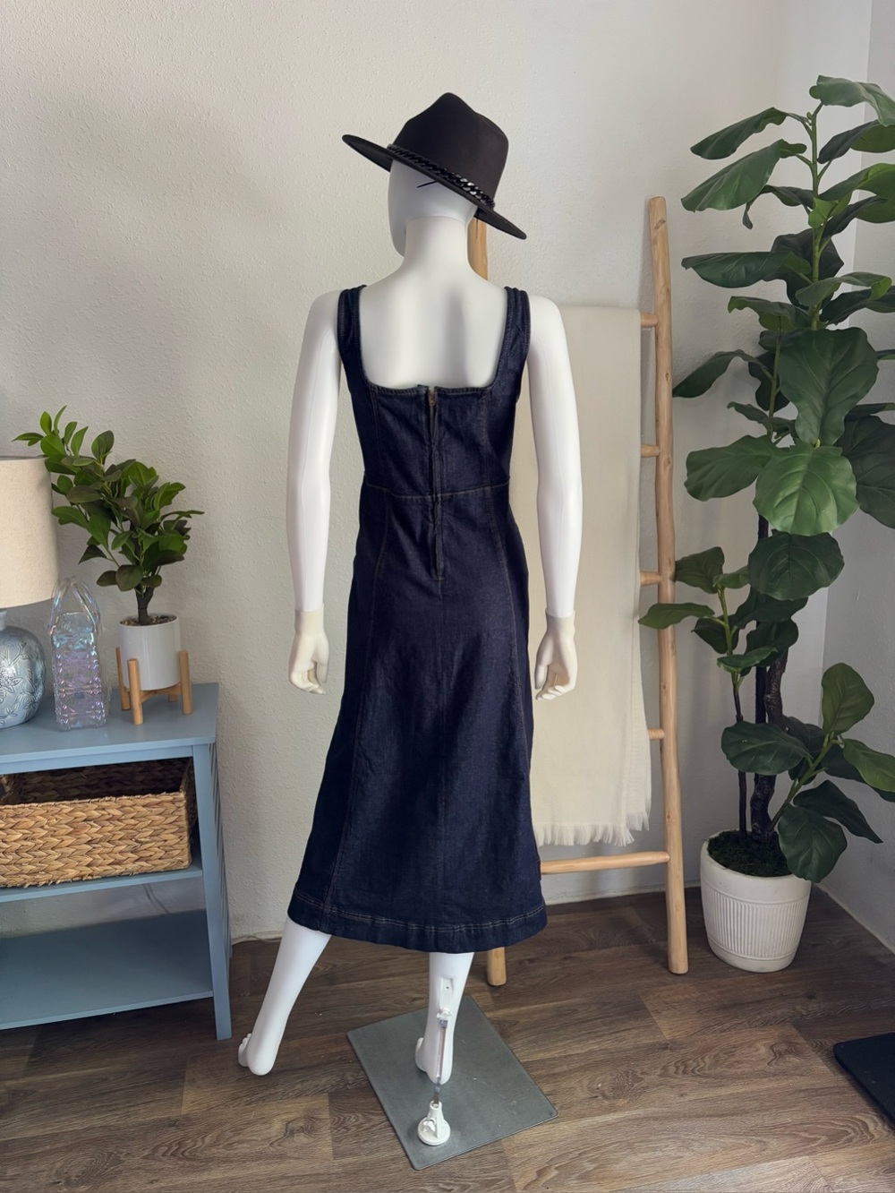 Dark Indigo Denim Midi Dress with Square Neck - Picture 5 of 9